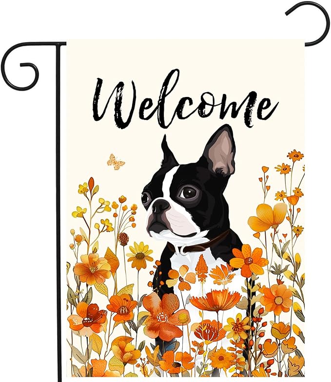 Floral Boston Terrier Garden Flag Fall Yard Flag Wildflower Dog Garden Flags Orange Autumn Lawn Flags Welcome Thanksgiving Outdoor Flags for Outside 12x18 Double Sided Small