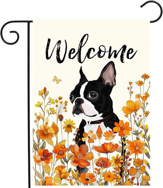 Floral Boston Terrier Garden Flag Fall Yard Flag Wildflower Dog Garden Flags Orange Autumn Lawn Flags Welcome Thanksgiving Outdoor Flags for Outside 12x18 Double Sided Small