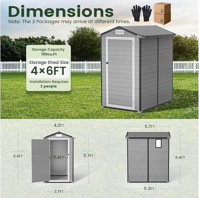 GVDV 4×6 FT Outdoor Resin Plastic Storage Shed with Reinforced Floor, All-Weather Plastic Shed with Lockable Door, Window and Vent, Waterproof Tool Storage for Garden, Backyard, Patio, Tool Storage