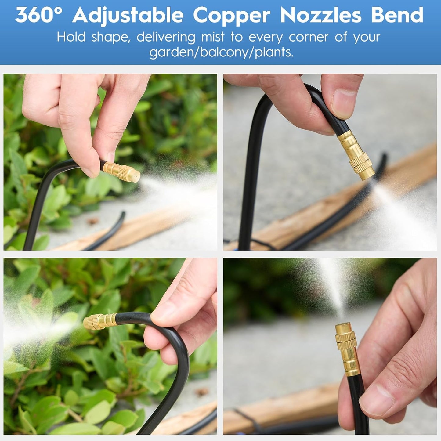 360° Automatic Drip Irrigation Kit - 5/16'' Tubing, Adjustable Universal Spray Nozzle, Copper Atomizing System for Garden/Lawn/Greenhouse - Multi-Directional Rotation, Quick Connectors, 100FT