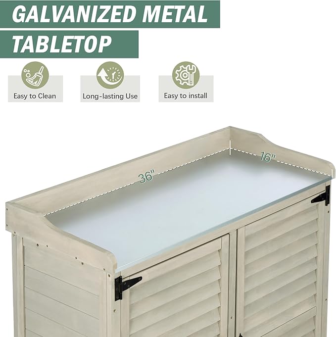 Outdoor Potting Bench with Metal Work Top,Waterproof Garden Storage Cabinet,Wooden Tool Station Shed for Backyard,Patio,Lawn Gardening