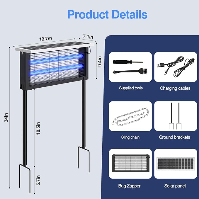 Solar Bug Zapper Outdoor, Powerful Mosquito Zapper, Electric Mosquito Killer Outdoor, Waterproof & Portable Fly Killer, Rechargeable Flying Insect Trap for Patio, Yard, Garden, Home, Camping, Black