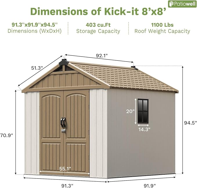 Patiowell 8 x 8 FT Plastic Outdoor Storage Shed with Floor, Resin Shed with Window and Lockable Door for Garden, Backyard, Tool Storage Use, Easy to Install in Brown (Kick-it Shed)