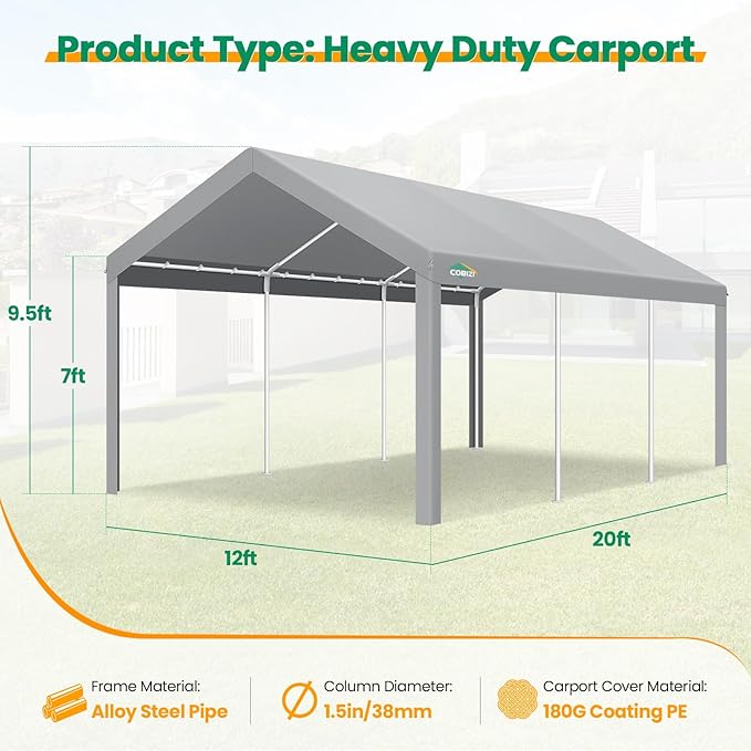 COBIZI Carport Canopy 12x20 Heavy Duty Car Tent Garage, Galvanized Frame Car Canopy Outdoor Shelter Waterproof & UV Protected with Built-in Sandbags & All-Season Tarp for Car Boat Truck, Gray