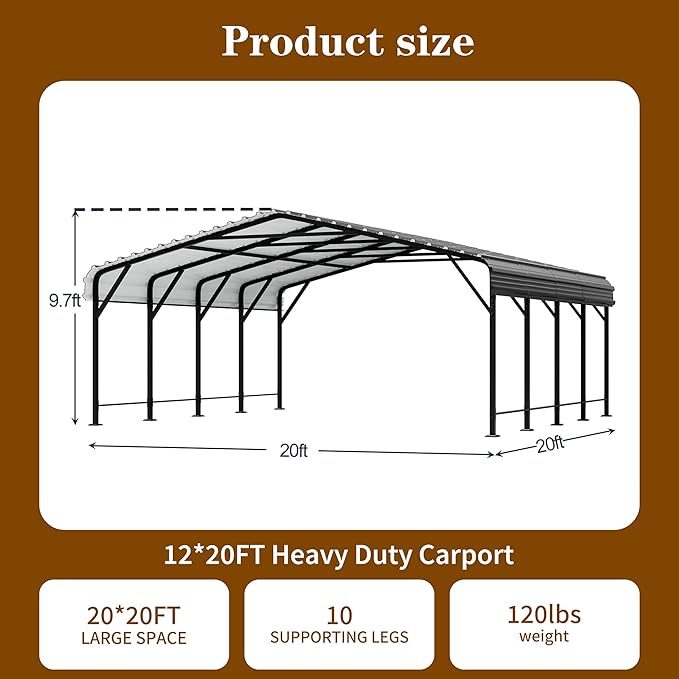 Nuturelly 20x20 FT Metal Carport, Heavy Duty Carport Canopy with Enhanced Base, Outdoor Car Shelter with Galvanized Steel Roof and Frame Garage for Truck, SUV, Boat(Black)