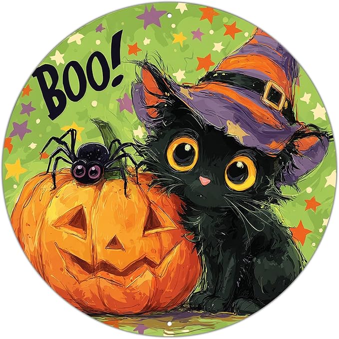 PEACHGARDEN Halloween Black Cat Round Metal Tin Sign Vintage Boo Decor Pumpkin Retro Wall Art Plaque Iron Painting 12x12inch