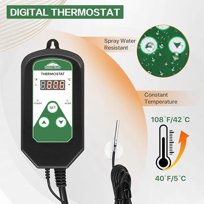 EAGLE PEAK Digital Heat Mat Thermostat Controller 42–108 °F for Heat Mat, Greenhouse, Heater Fan, Seedling, Germination, Fermentation and Reptiles, 15A/1800W