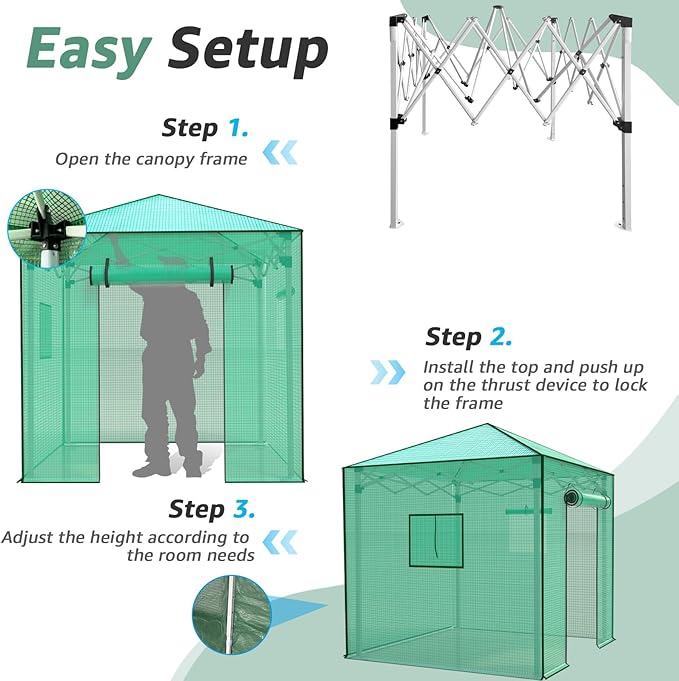 8x8 FT Portable Walk-in Greenhouse with 2 Mesh Roll-Up Windows & Roll-up Zipper Door - Easy Setup for Indoor/Outdoor Gardens, PE Cover, Green
