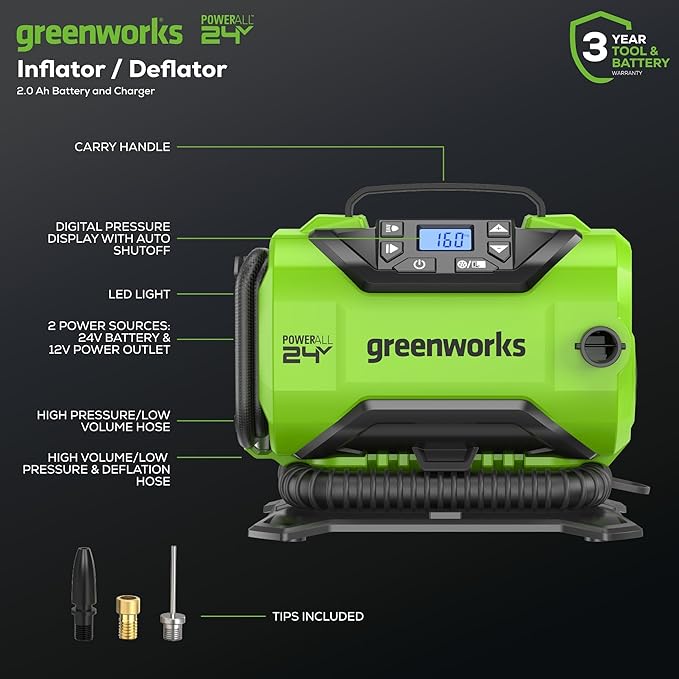 Greenworks 48V (2x24V) Cordless Yard Tool Combo - 21" Self - Propelled Push Mower, 12" Trimmer, Blower + 24V Cordless Battery Inflator