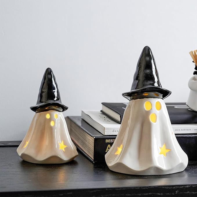 WDS WONDROUS Light Up Halloween Ghost Decorations Set of 2, Cute Ghost Figurines with Witch Hat Halloween Decor, Ceramic Ghosts Light for Indoor Fall Table Decor, Home Tiered Tray Fireplace