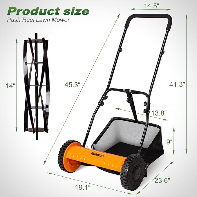 Walensee 14-Inch 5-Blade Push Reel Lawn Mower, Cordless Manual Reel Lawn Mower Walk-Behind Steel Lawn Mowers with Removable 6.7-Gallon Grass Catcher, Sponge Grip, 4-Position Cutting Height Adjustment