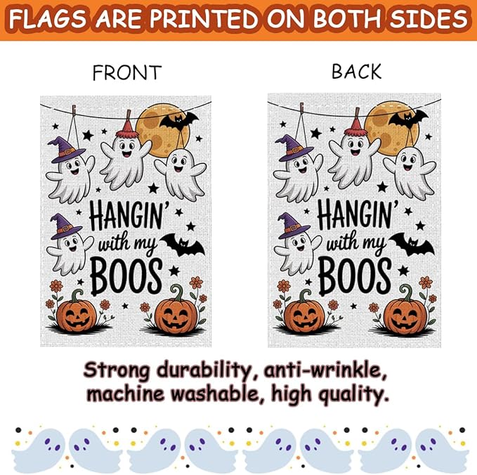 Fokongna Funny Halloween Spooky Pumpkin Garden Flag, Cute Halloween Decor Hangin’ With My Boos, 12x18 Inch Burlap Vertical Double Sided Flags, for Home Yard Outside Decorations