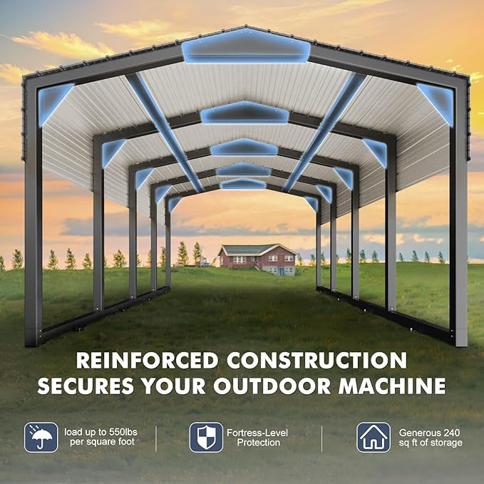 Metal Carport 12x20 FT, Heavily Reinforced Car Garage with Extra Crossbeams Kits, Auto Shelters with Steel Roof and Enhanced Base, Snow Resistance Vehicle Shed, Carports for Tractors,Boat,Truck