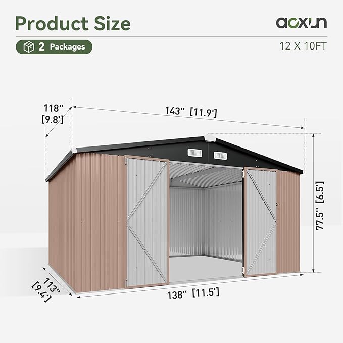 Aoxun 12'x10' Outdoor Metal Storage Shed with Lockable Door & Sloping Roof- Ideal for Tools, Garden Equipment & Bikes, Perfect for Patio Placement(Brown)