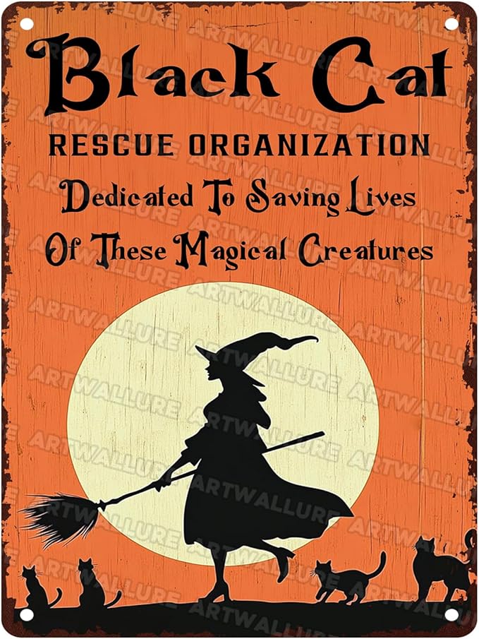 Black Cats Rescue Halloween Decor Vintage Metal Tin Sign Rustic Wall Art Gothic Home Decor Tin Plaque Retro Metal Poster for Bar Cafe 12x16inch