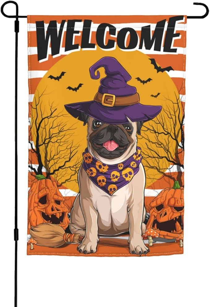 Halloween Pug Dog Pumpkin Bat Skull Garden Flag Welcome Party Outdoor Outside Decorations Picks Home House Garden Yard Decor 12x18 Inch