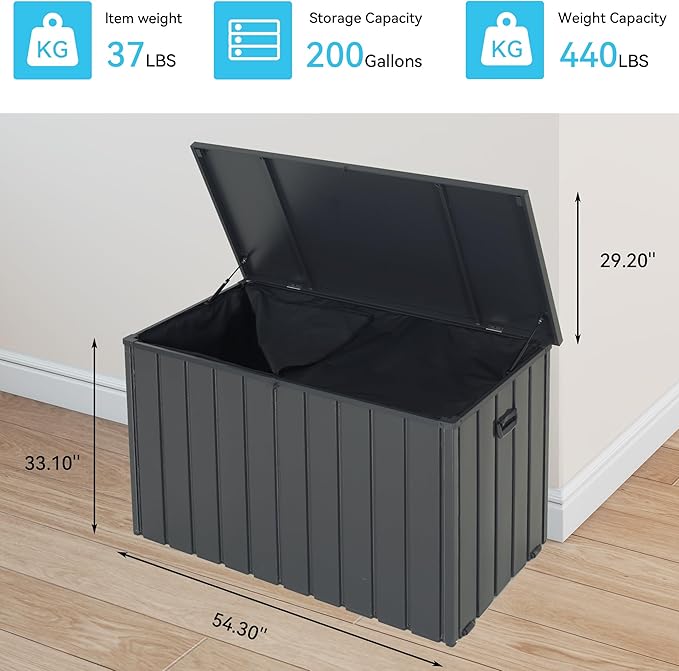 Outdoor Storage Box, 200 Gallon Metal Deck Box Built-in a Oxford Fabric Storage Bag, Lockable & Waterproof Outside Patio Storage Box for Cushions, Pillows, Tools, Pool Floats- Grey