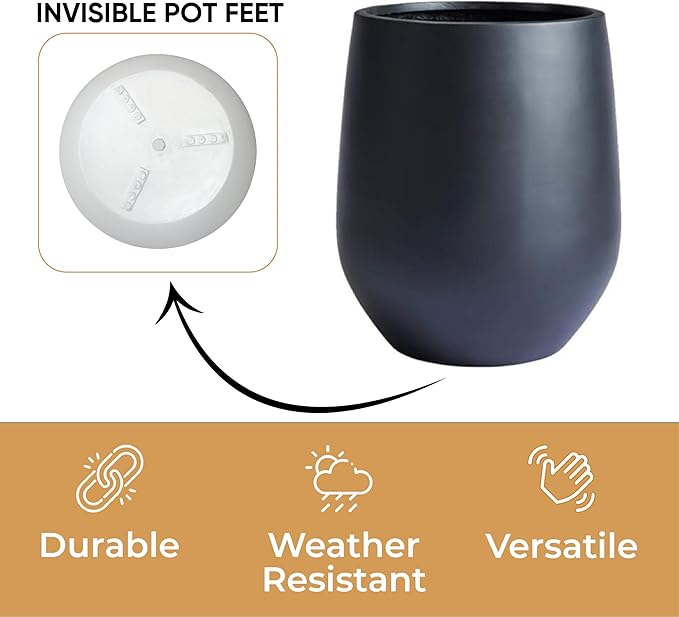 16.5" H x 15" D Corso Fiberstone Round Tapered Planter with Drainage Hole, Smooth Finishes, Weather Resistant for Indoor & Outdoor Use, Included 2 Extra Coco Mats (Black, 11.5" Pot Opening)