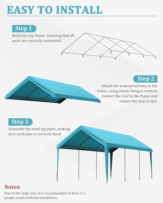 Carport Canopy Replacement Cover 12x20 Heavy Duty Outdoor Portable Car Canopy Oxford Waterproof UV & Tear Resistant Garage with Ball Bungees (Frame is Not Included)