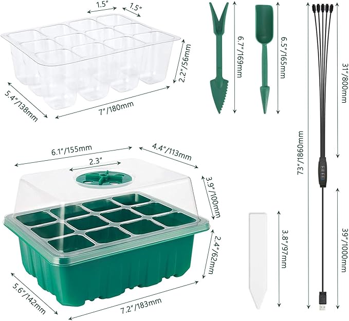 Seed Starter Tray 5 Packs Seedling Starter Trays with Grow Light 8 LEDs, Timer, Dimmable, Seed Starting Trays Kit with Humidity Dome (60 Cells) Indoor Gardening Plant Germination Tray