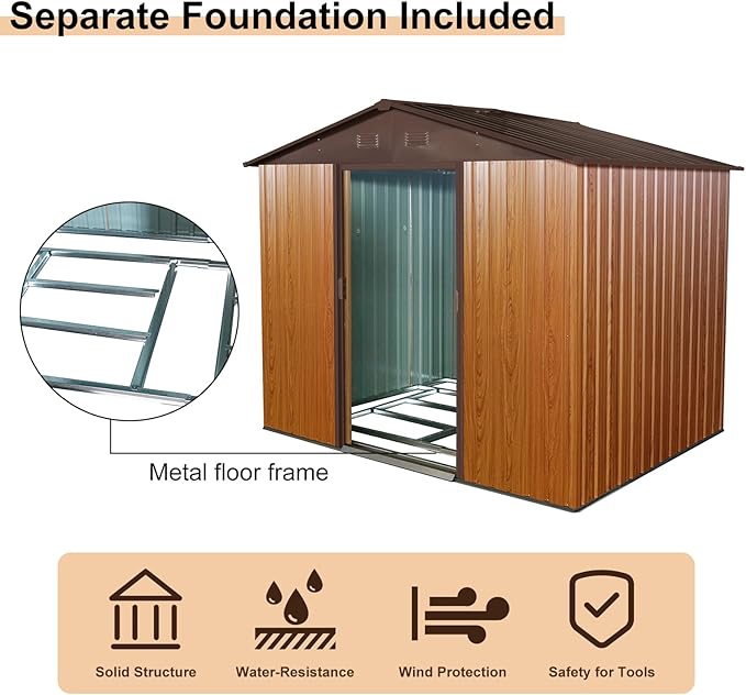 6x8 FT Outdoor Storage Shed, Metal Garden Shed with Frame Floor, Outside Tool Shed with Lockable Sliding Doors, Waterproof Storage Building with Sloped Roof for Backyard, Patio, Lawn, Coffee
