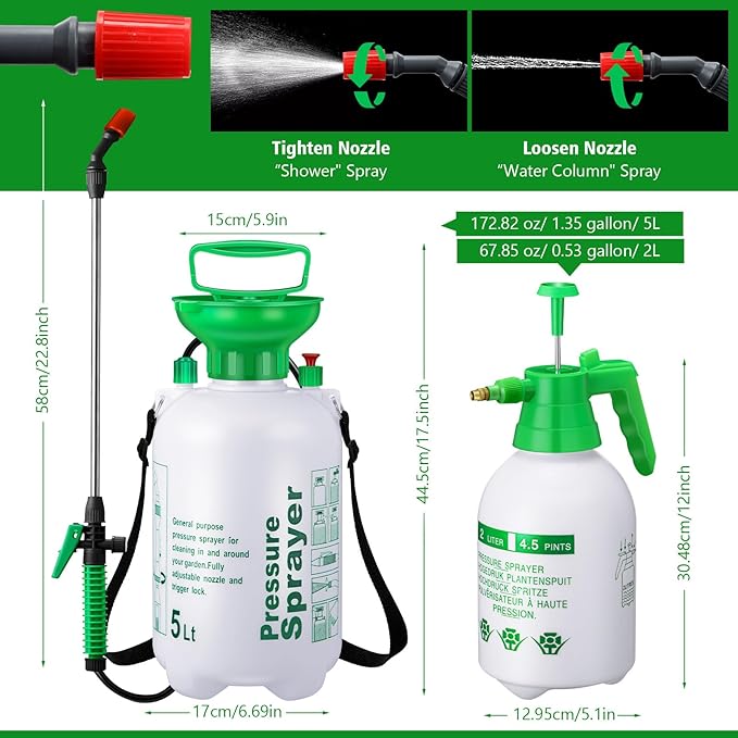 Tioncy 2 Pack 1.35 Gallon Pump Pressure Sprayer & 0.53 Gallon Handheld Garden Pump Sprayer with Adjustable Brass Nozzle Water Mist Spray Bottle for Lawn Garden Plants Weed Sprayer Cleaning Solutions