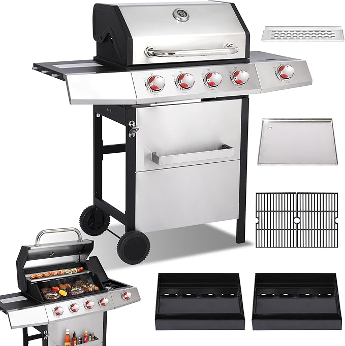 4 Burner Propane Gas Grill Combo w/Side Burner, 3-in-1 BBQ Grill with Charcoal Smoker & Griddle Plate, 46,750 BTU, 448 Sq.In. Stainless Steel Outdoor Cooking Station