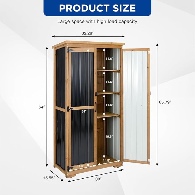 Outdoor Storage Cabinet Wood & Metal with Waterproof Roof, Garden Tool Shed with 3 Removable Shelves, 4 adjustable reinforced feet with metal brackets, 6 T-Hinge, magnetic door,15.6"D x 32.3"W x 66"H