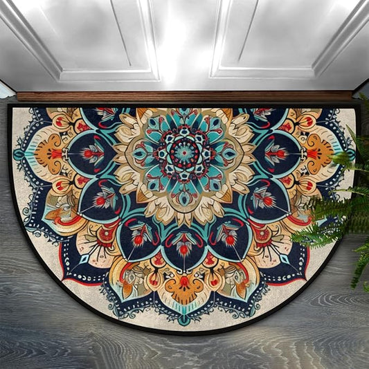 Mandala Half Round Door Mat, European Style Mandala Semicircle Doormats, Non Slip Area Rug Soft Doormat for Front Door Indoor Entrance Wear Resistant Welcome Mat for Garage Patio Home Decor 24 x 36 In