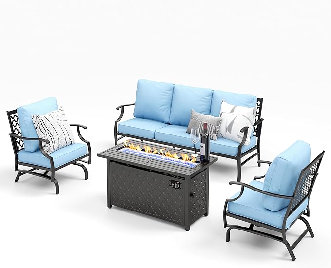 Patio Furniture Set with Firepit Table, 4 Pcs Metal Outdoor Conversation Set, 2 Rocking Chairs and 3 Seater Sofa with 5.75" Extra Thick Cushion and Gas Fire Pit Table for Backyard Deck, Blue