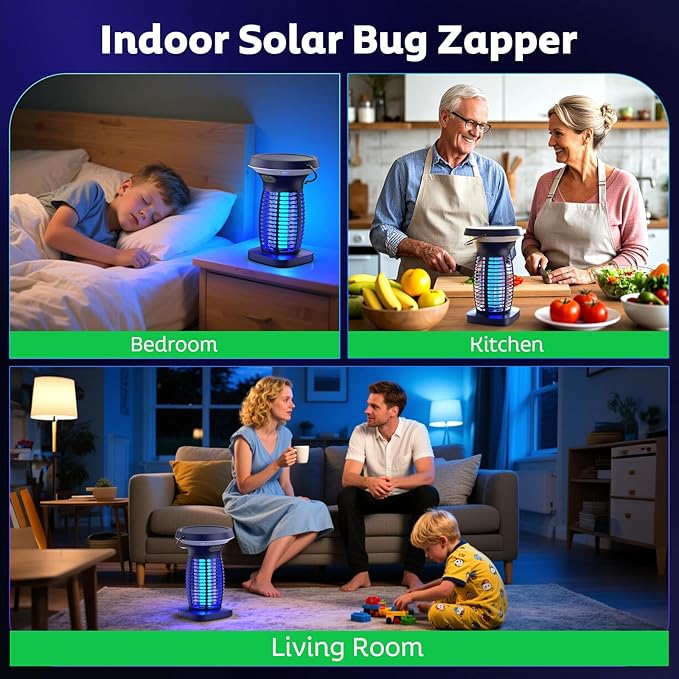 Solar Bug Zapper Outdoor, Mosquito Zapper Outdoor Waterproof Electric Fly Zapper Rechargeable Mosquito Killer with Solar Panel, 4200V Fly Trap Indoor for Home Backyard, Patio, Garden, Camping