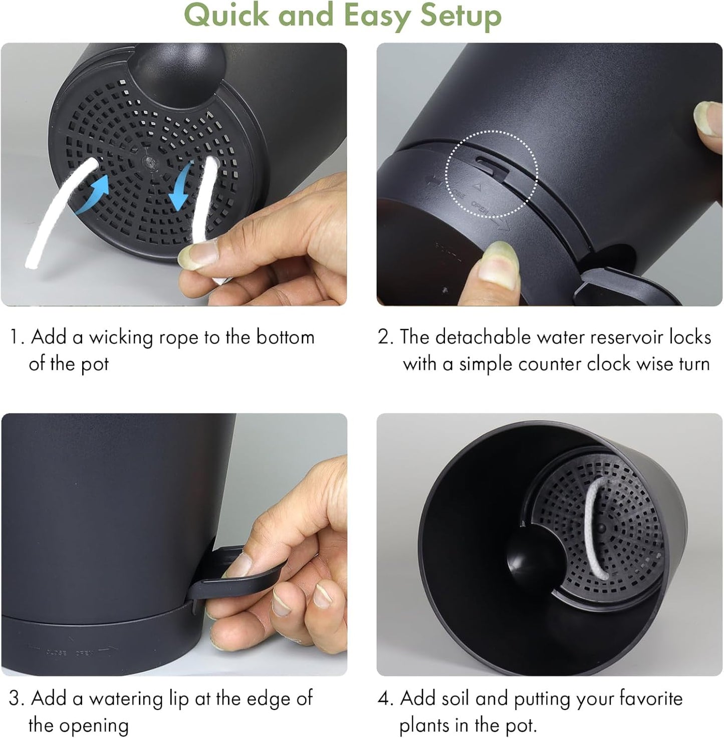 7/6.5/6/5.5/5/4 inch Self Watering Pots for Indoor Outdoor Plants, 6 Pack Plastic Flower Planters with Drainage Holes and Removable Saucers, Plant Pots with Wicking Rope, Modern Decor, Black