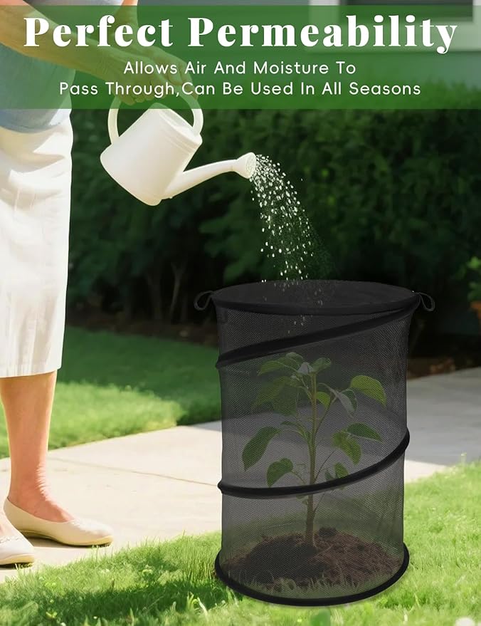 4 Pack Pop Up Plant Covers from Animals, 20" H X 13" D Insect Garden Covers, Round Foldable Mesh Plant Cover, Plant Protectors for Outdoor Plants, with Stakes and Labels (Black)