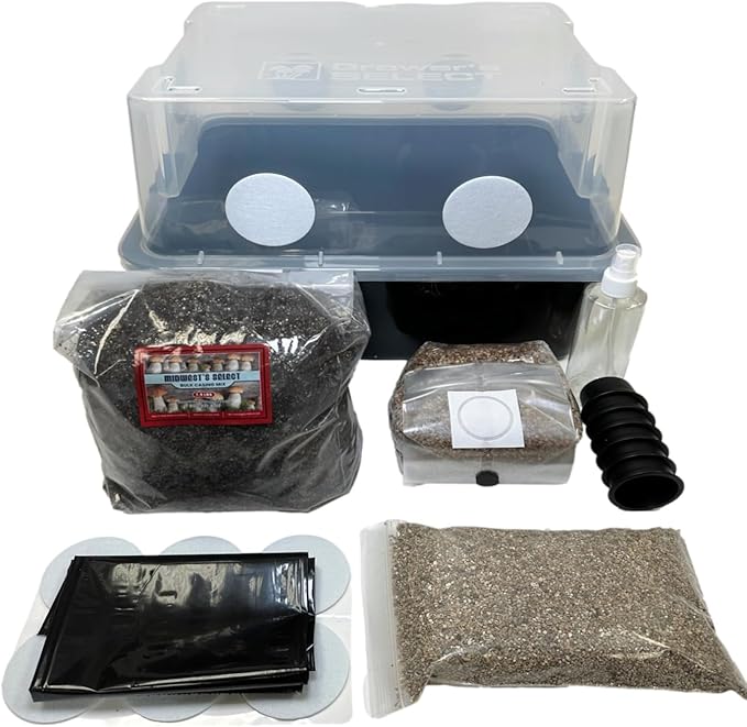 Mushroom Monotub Grow Kit | Complete Mushroom Grow Kit | for Dung-Loving Mushrooms | Includes sterilized Grain Spawn Bag, Bulk Substrate, Vermiculite, Filters & More! Just add Spores