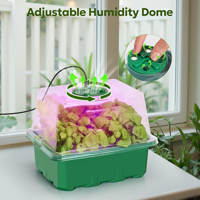 MIXC Seed Starter Kit with Grow Light, Elevated Seedling Tray Kit with Adjustable Humidity Dome and Clear Cell Tray, 12 Full Spectrum Led Beads for Seed Starting Greenhouse, 6 Pack, Green