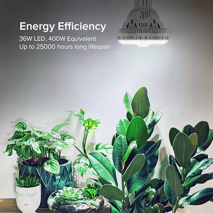 Grow Light Bulb, PPF 65.6 umol/s LED Full Spectrum, 36 W (400 Watt Equivalent) Grow Lights with Optical Lens for High PPFD, E26 Base, Energy Saving Plant Lights for Seeding and Growing