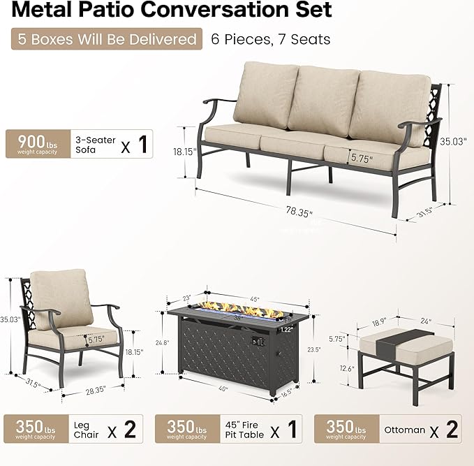 Patio Furniture Set with Firepit Table, Metal Outdoor Patio Furniture, 2 Single Chairs, 3 Seater Sofa, 2 Ottomans with 5.75" Extra Thick Cushion and Gas Firepit Table for Backyard Deck