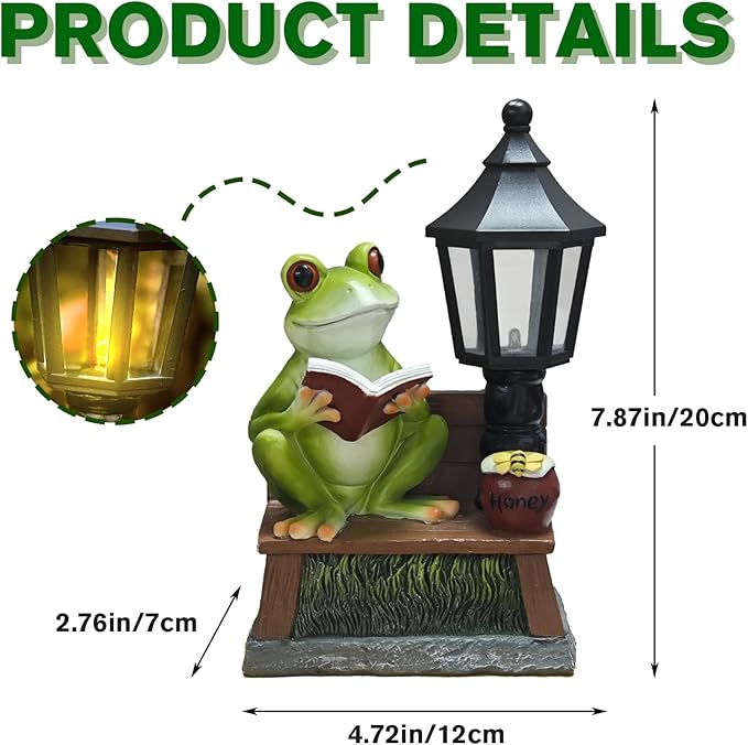 Frog Garden Statue Home Outdoor Decor - Solar Frogs Learning Sculptures Auto LED Waterproof Lights, Garden Outside Figurine Ornament, Women/Gardening/Housewarming Gift for Yard/Pond