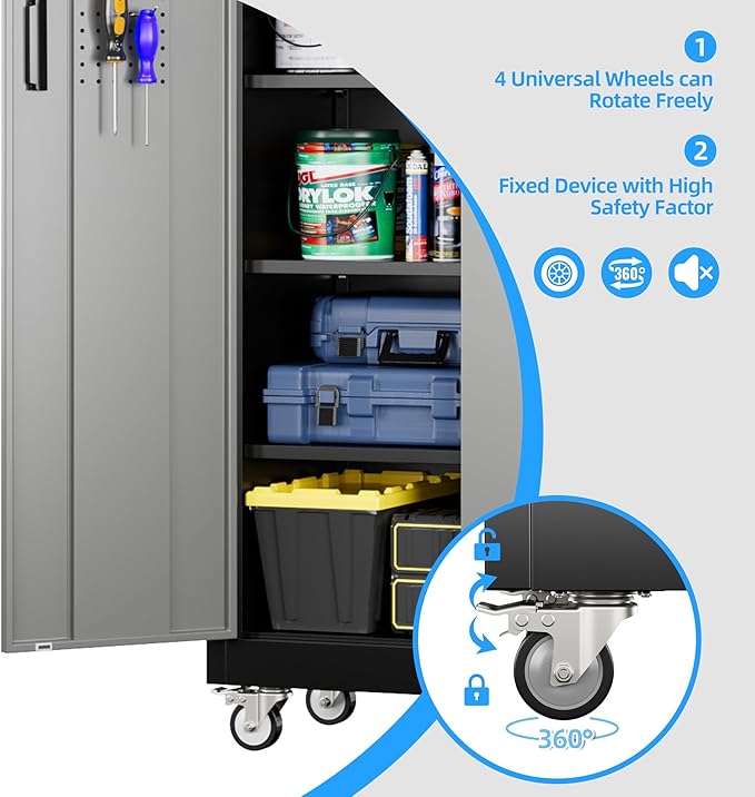 71"H×32"W×16"D Rolling Tool Storage Cabinet with 5 Adjustable Shelves and Pegboard,Metal Garage Storage Cabinet with Wheels for Garage Home Office Utility Room,Required Assembly, Black and Dark Grey