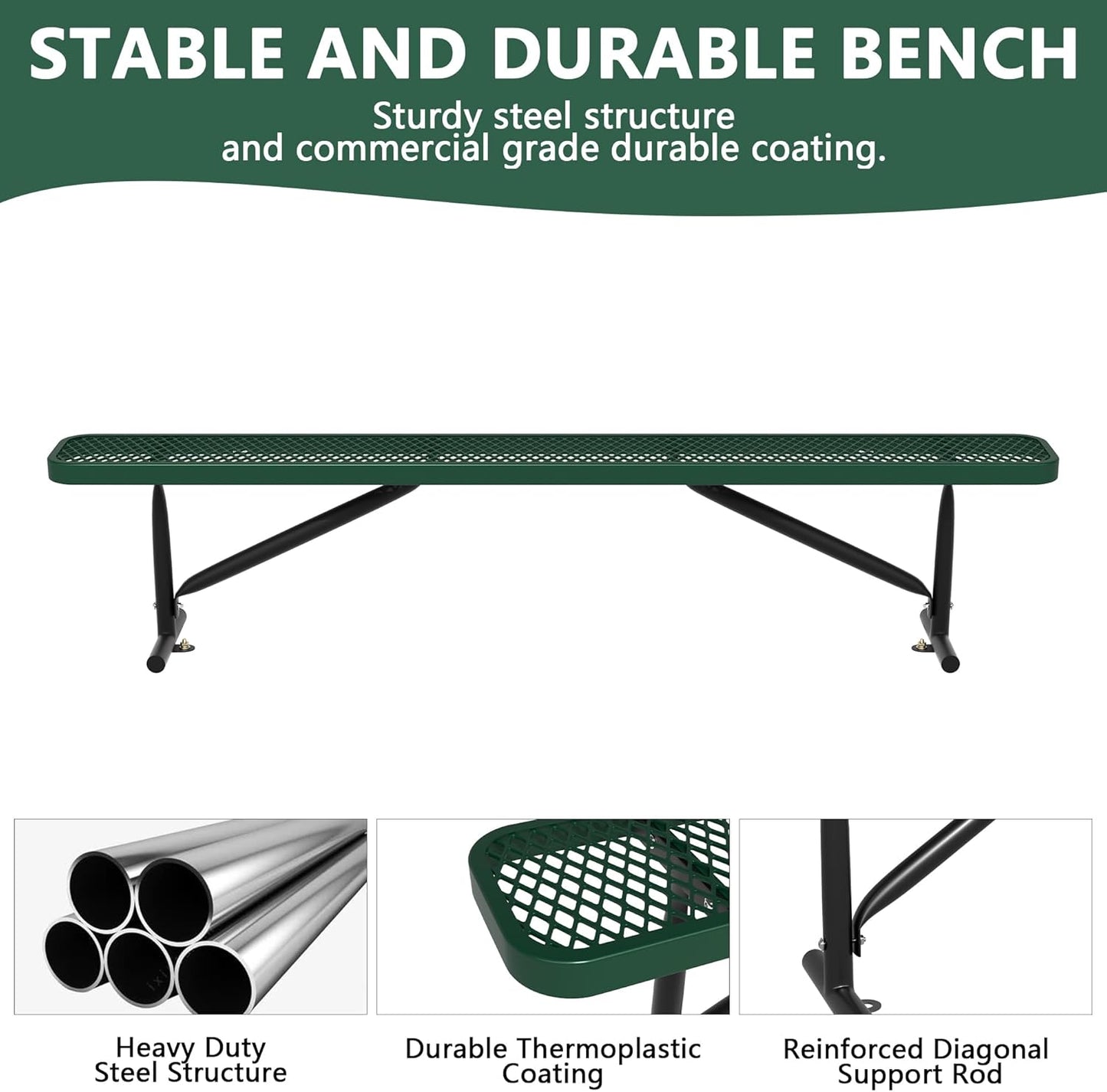 8 Feet Heavy Duty Metal Park Bench for Outside, Outdoor Bench with Portable Frame, Commercial Benches for Shopping Mall, Store, Park, Patio, Deck, Green