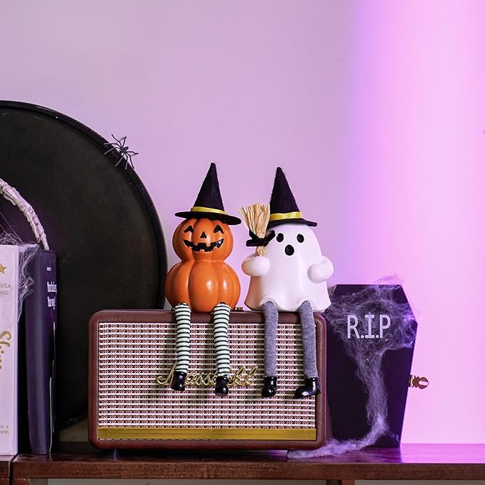 WDS WONDROUS Halloween Decoration-2 Pack Ghost Figurine & Pumpkin Statues for Indoor Mantle Shelf Sitters Table Decor, Cute Resin Pumpkin Ghost Sculpture with Hats, Legs and Broom, Spooky Gift
