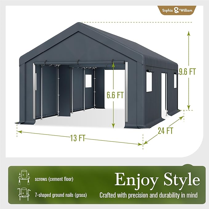 Sophia & William Carport Storage Shed 13x24 ft Portable, Heavy Duty Car Port Canopy Garage Shelter with Sidewalls and Roll Up Doors for Automobile Boat Motorcycle Bike, Gray