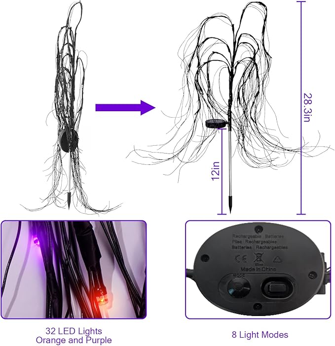 4 Pack Halloween Solar Lights Outdoor, 128 LED Weeping Willow Tree Stake Lights with 8 Mode, Waterproof Solar Pathway Lights for Garden Patio Yard Outdoor Decor (Purple Orange)