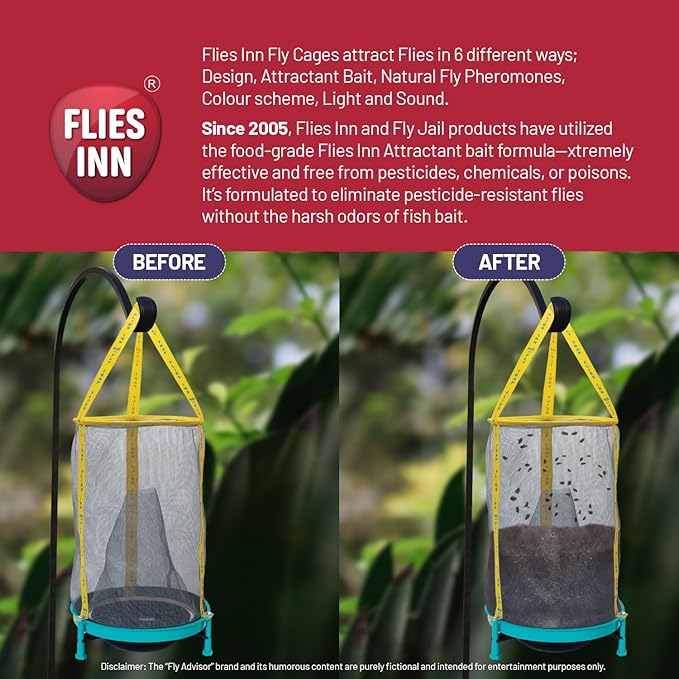 EZ Fly Cage Ranch Fly Trap with 2 Flies Inn Fly Attractant Bait Refill, Low Odor, Reusable, Built to Last for Years (3 Trap+ 6 Baits, 1)