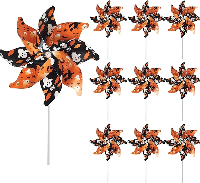 10 Pack 15.35 lnches Windmill Outdoor Halloween Decorations Applied to Lawn, Yard, Garden, Farm ，As Well As Decor Indoor Pinwheels Toy - Orange Black Wind Spinners（Bats/Pumpkin/Skull）