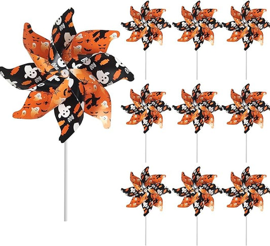 10 Pack 15.35 lnches Windmill Outdoor Halloween Decorations Applied to Lawn, Yard, Garden, Farm ，As Well As Decor Indoor Pinwheels Toy - Orange Black Wind Spinners（Bats/Pumpkin/Skull）