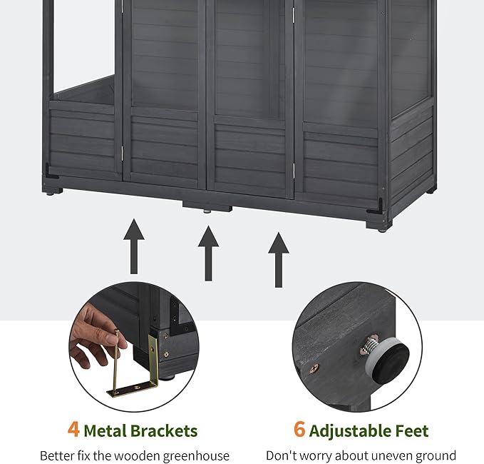 MCombo Wooden Greenhouse, Walk-in Outdoor Greenhouse with Openable Roof and Lockable Door, 0899 (Dark Grey)