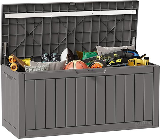 EAST OAK Outdoor Storage Box, 90 Gallon Deck Box, Waterproof Resin Storage Bin for Patio Cushions, Gardening Tools, Lockable, UV Resistant, Grey