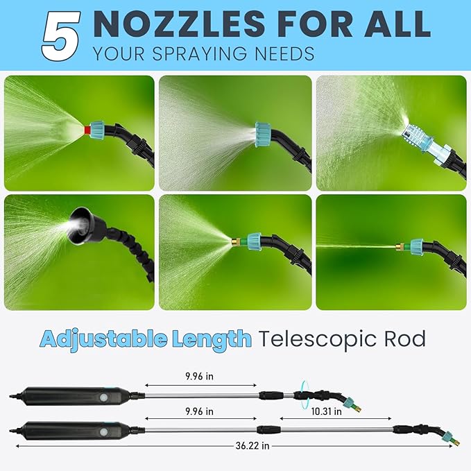 Battery Powered Sprayer 2 Gallon, Electric Garden Backpack Sprayer with 5 Mist Nozzles, Rechargeable Handle, Retractable Wand, Weed Yard Lawn Sprayer for Lawn, Garden Cleaning