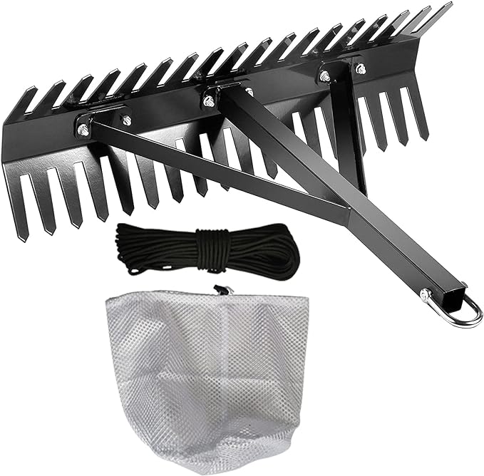 Shengyi Pond Rake - Steel Blades 16-32 inch Aquatic Weed Removal Tool, Double Sided Lake Weed Cutter with 66ft Rope